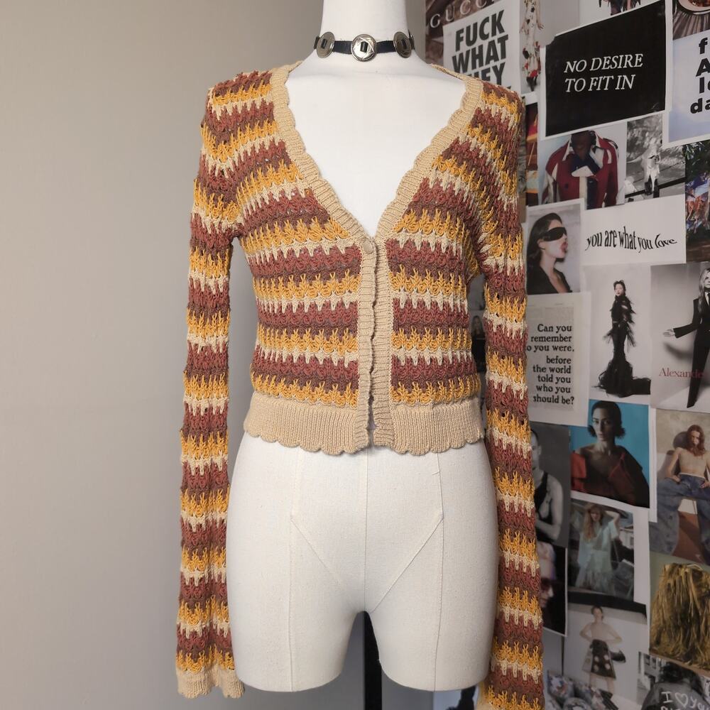 Striped Open Knit Cropped Boho Cardigan